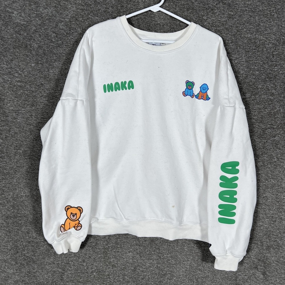 Inaka Power Sweatshirt Mens XL‎ White Fleece Crewneck Teddy Bear Graphic Cartoon